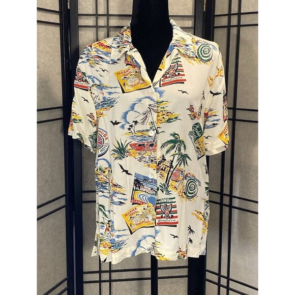Clio Tops - Vintage CLIO Button Down Shirt Sz L Multicolor Palm Trees Tropical Travel